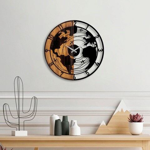 Ceas de perete, World Map, Lemn/metal, Dimensiune: 56 x 3 x 56 cm, Nuc / Negru mezoni.ro