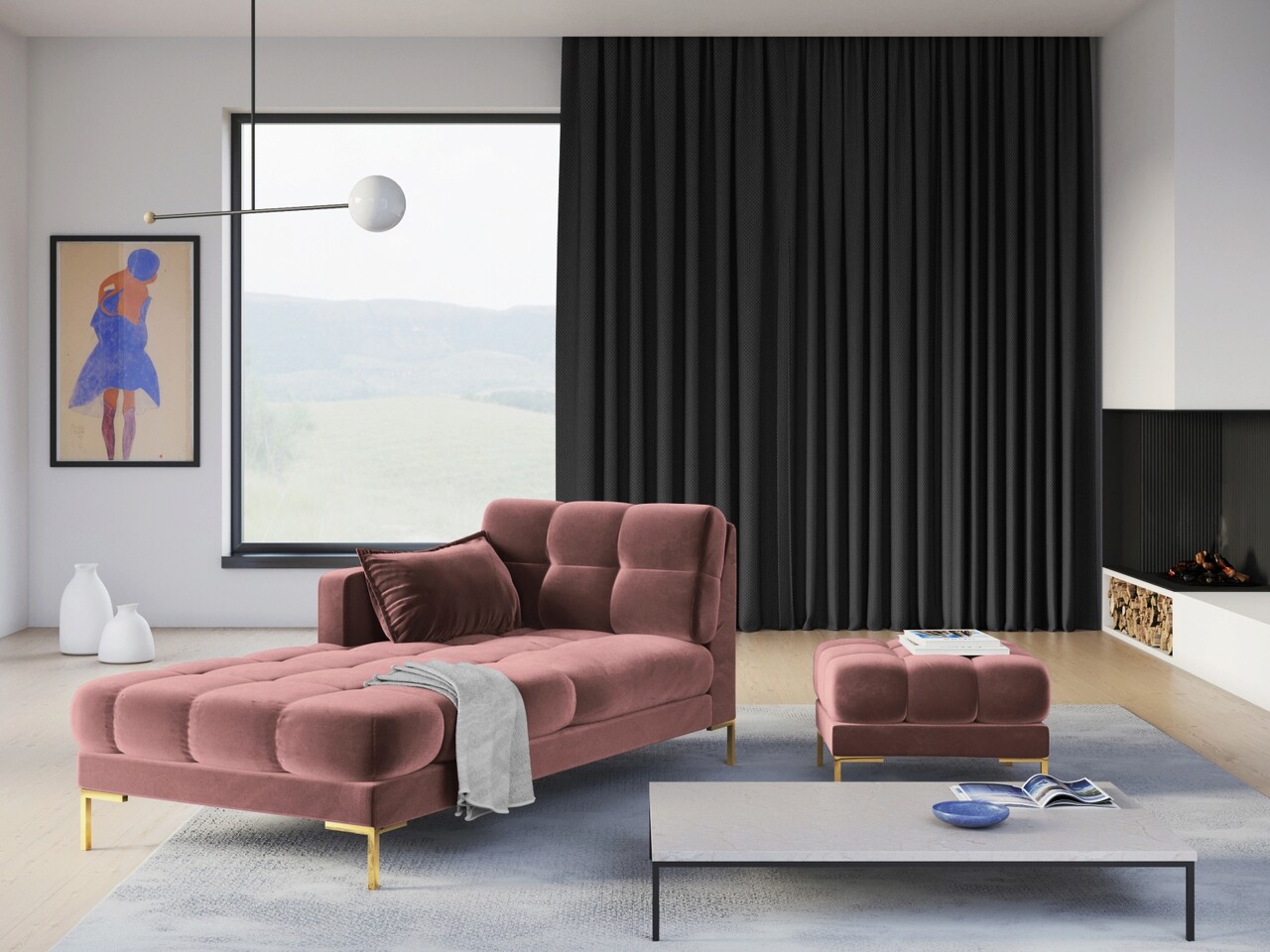 Taburet, Mamaia, Micadoni Home, GL, 60x60x41 cm, catifea, roz - 2 | YEO