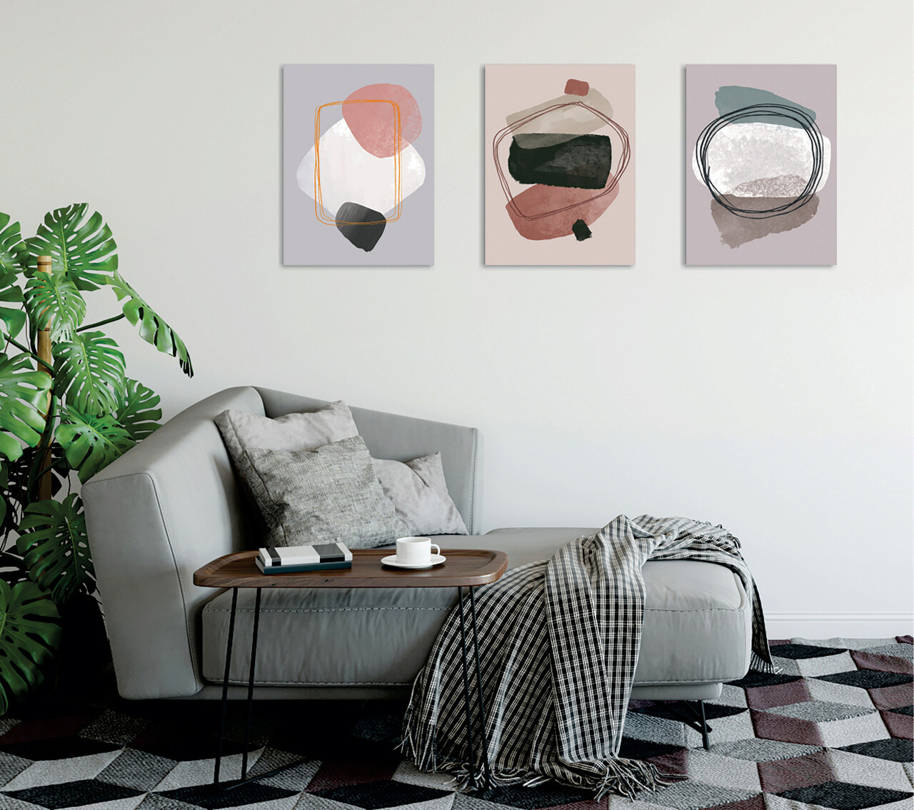 Set 3 tablouri decorative, UDC02, 60% bumbac/40% poliester, Rama de lemn, Multicolor - 1 | YEO