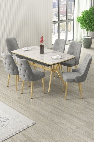 Set masa extensibila si scaune (7 piese), Hanah Home, Nis, Model de marmură albă / Auriu / Gri