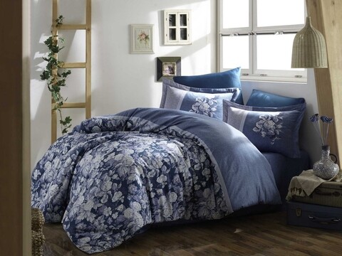 Lenjerie de pat dubla, 6 piese, 200x220 cm, 100% bumbac satinat, hobby, amalia, albastru petrol