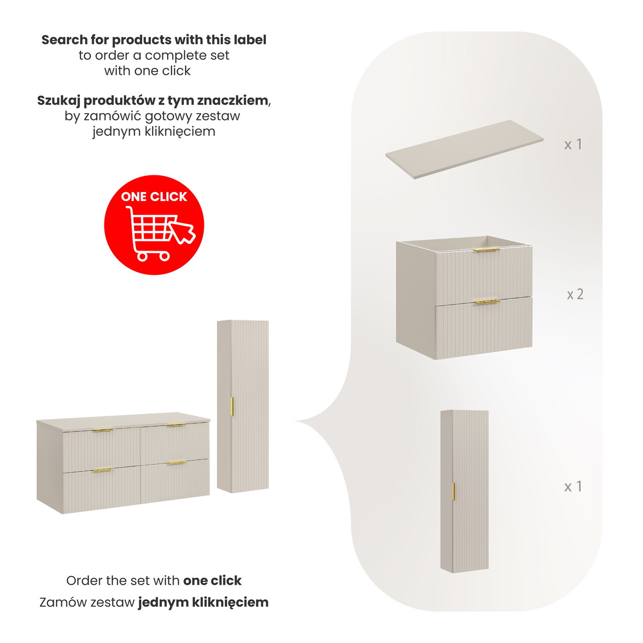 Set mobilier baie Adel Cashmere 120 cm, dulap inalt si masca dubla lavoar, Comad, MDF/PAL, casmir — imaginea 2