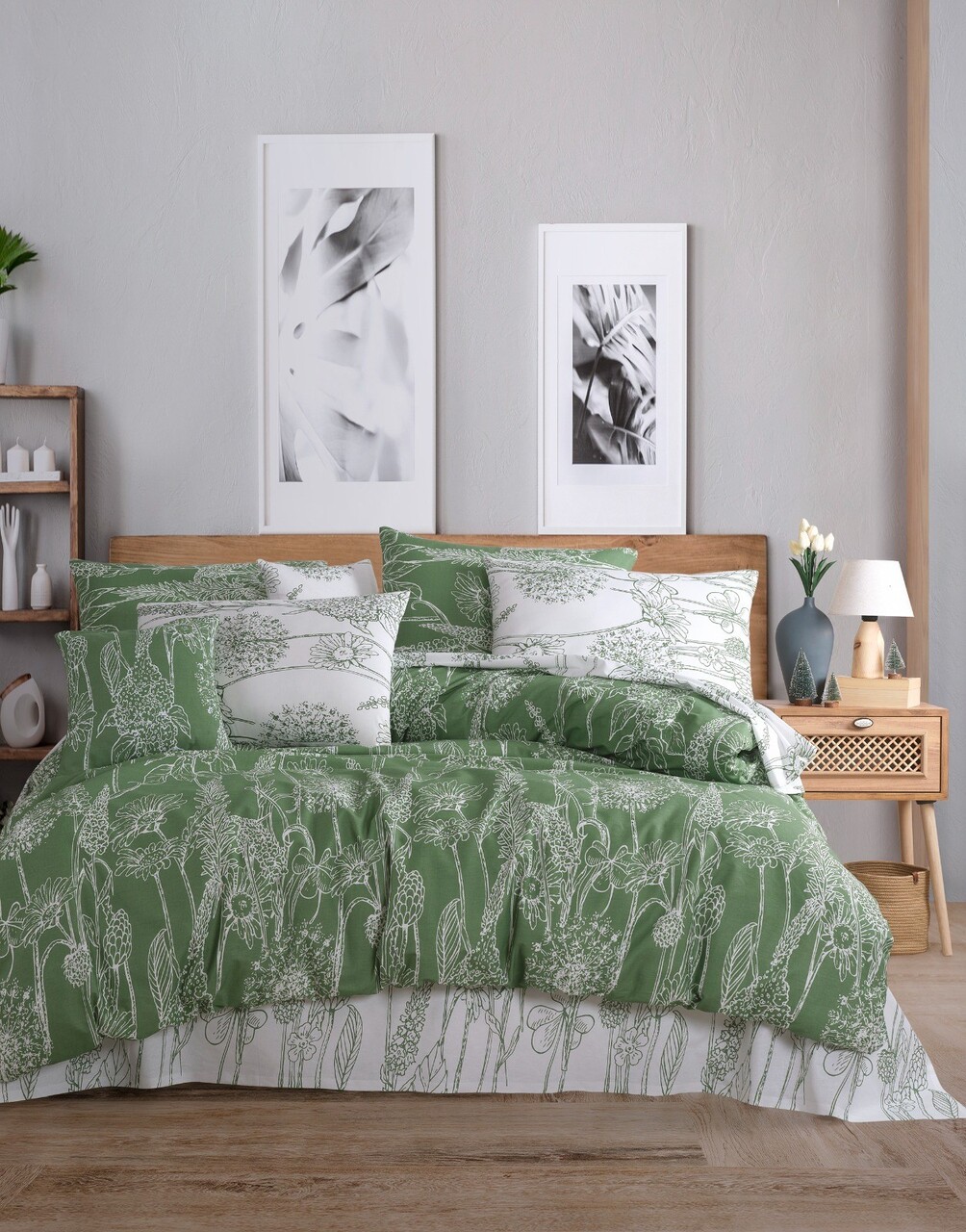 Lenjerie de pat dubla (EU) (IT) 3 piese L'essentiel Maison Lara Verde/Alb