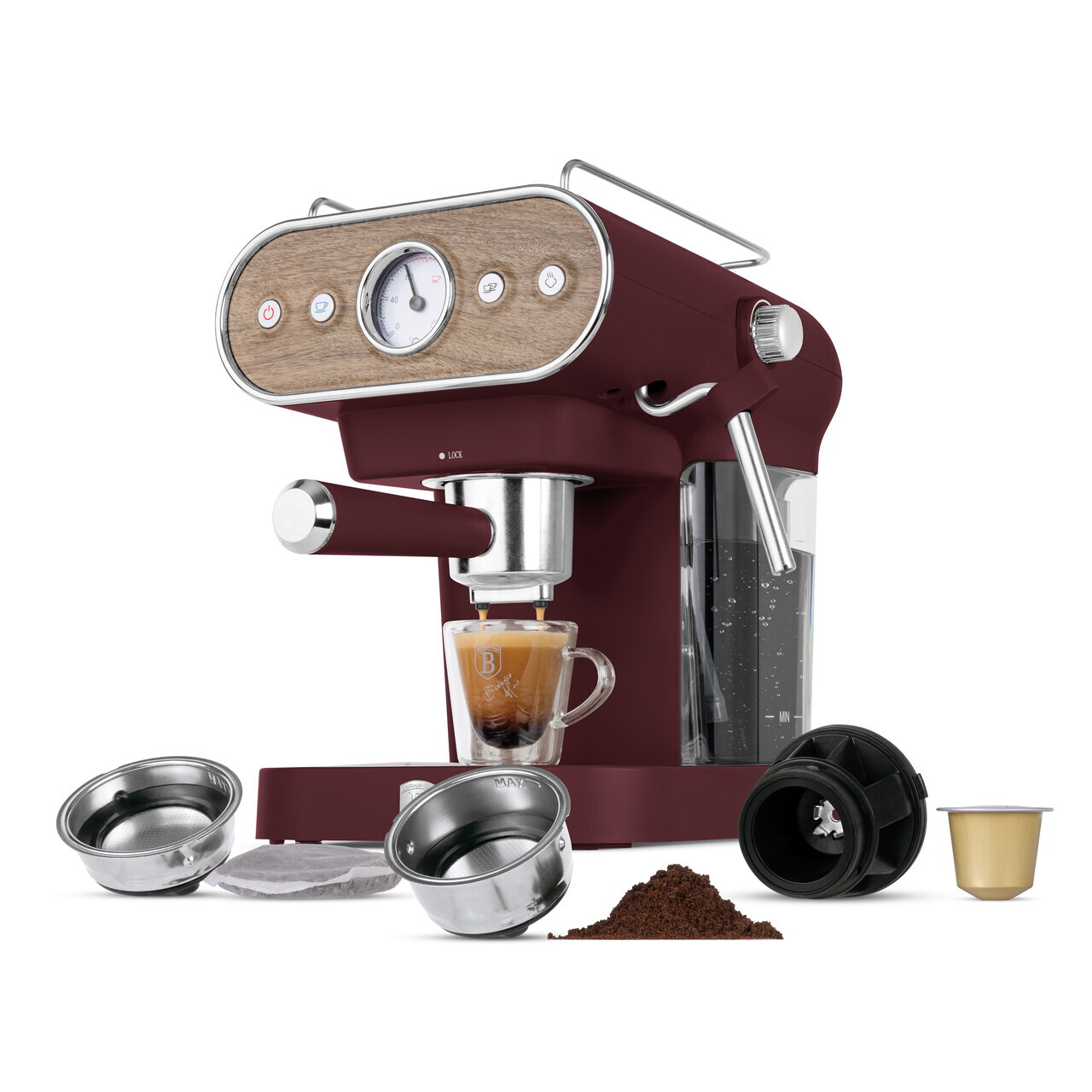 Espressor 3 in 1 Berlinger Haus, Leonardo Nordic, 950W, 23x26.5x30.5 cm, inox, visiniu mat/natur - imagine 3