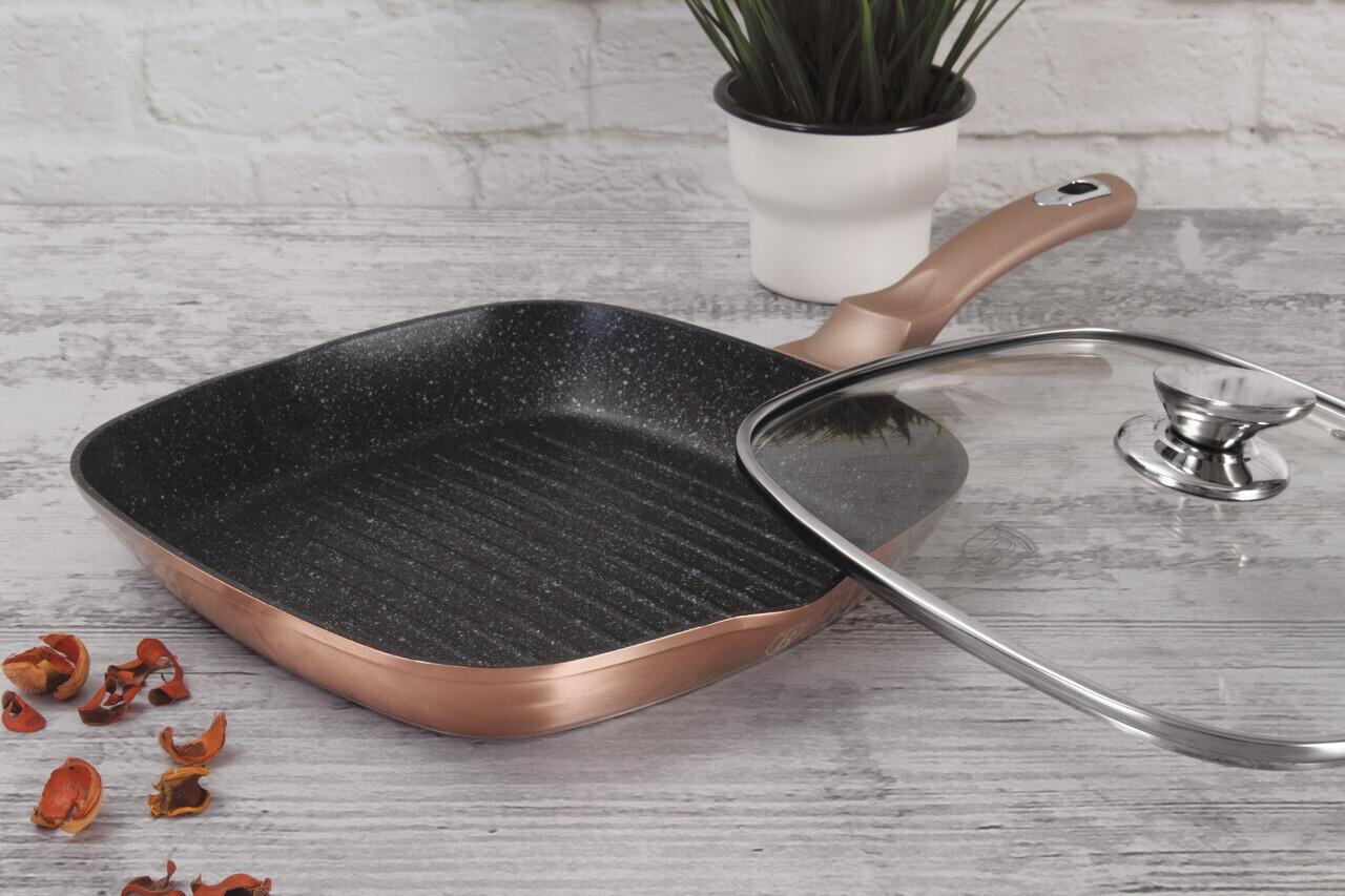 Tigaie grill cu capac Berlinger Haus, Rose Gold, 28 cm, 2.1 L, aluminiu forjat, roz - imagine 2