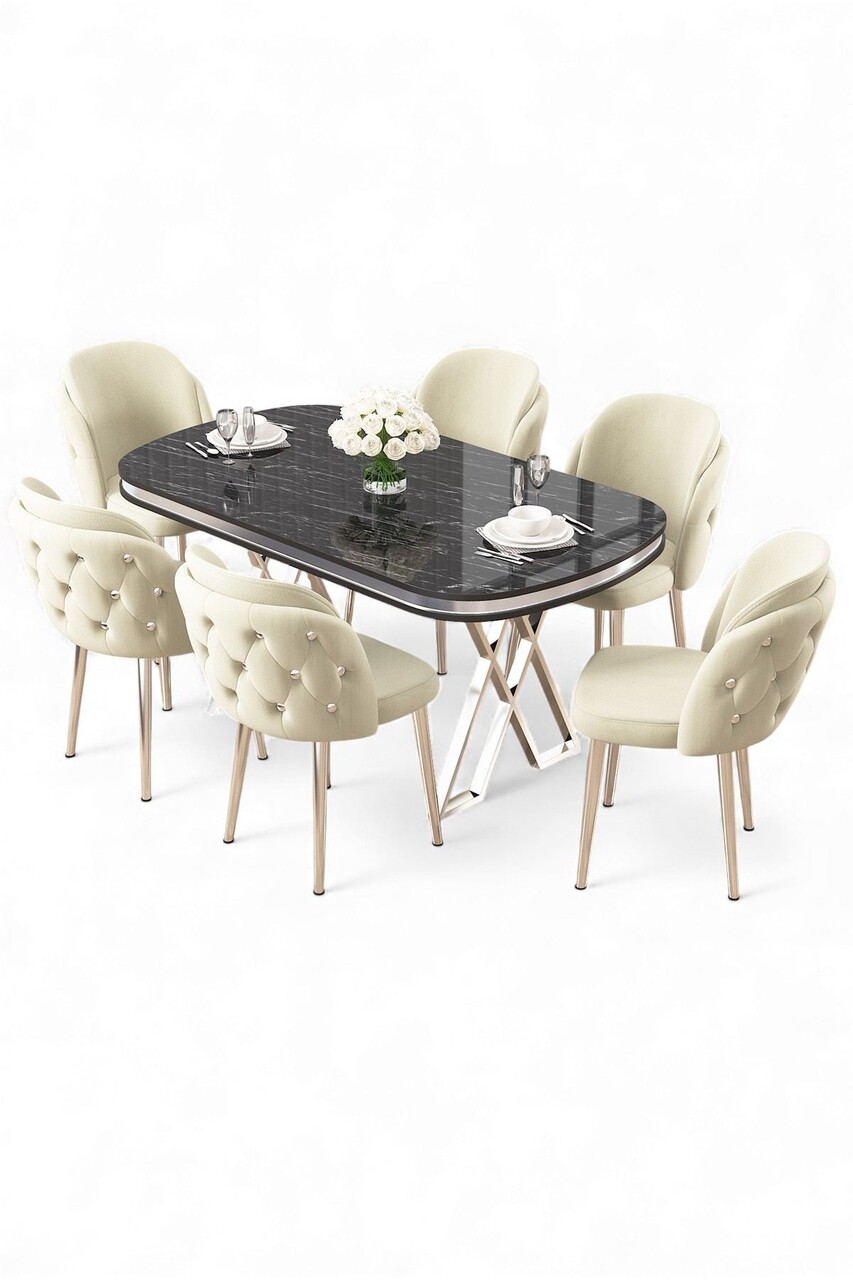 Set masă și scaune (7 piese), Hanah Home, Zae, Marmură neagră / Crom / Crem - view 2