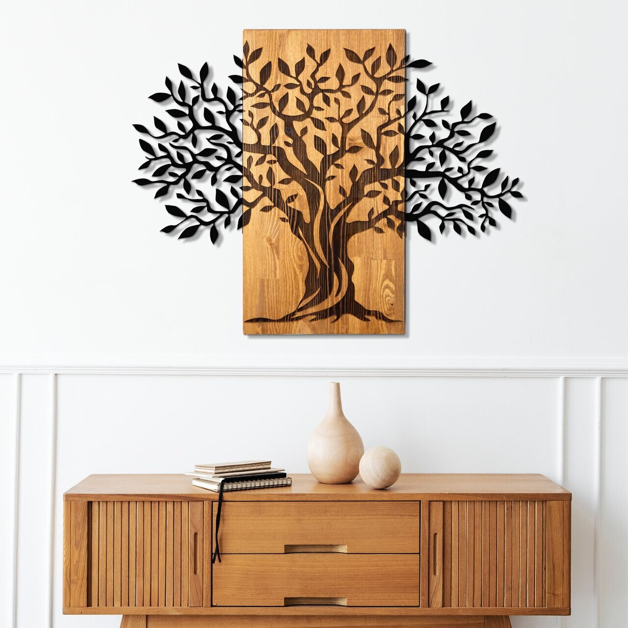 Decoratiune de perete, Arbre de Vie-5, Metal, Lemn, Nuc negru
