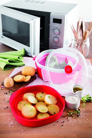 Recipient dublu pentru gatit la aburi in cuptorul cu microunde, snips steamer, 4 l, polipropilena, rosu