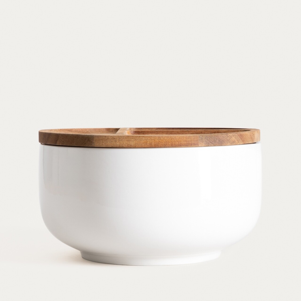 Bol cu capac Mooka, Homla, 24x13.5 cm, ceramica/lemn de salcam, alb/maro - view 4