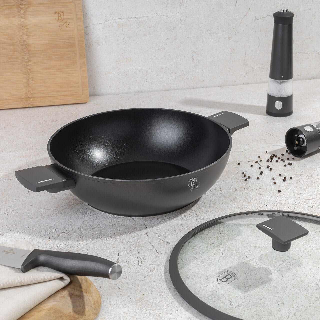 Tigaie Wok cu capac Berlinger Haus, Anthracite, 30 cm, aluminiu forjat, antracit mat - imagine 7