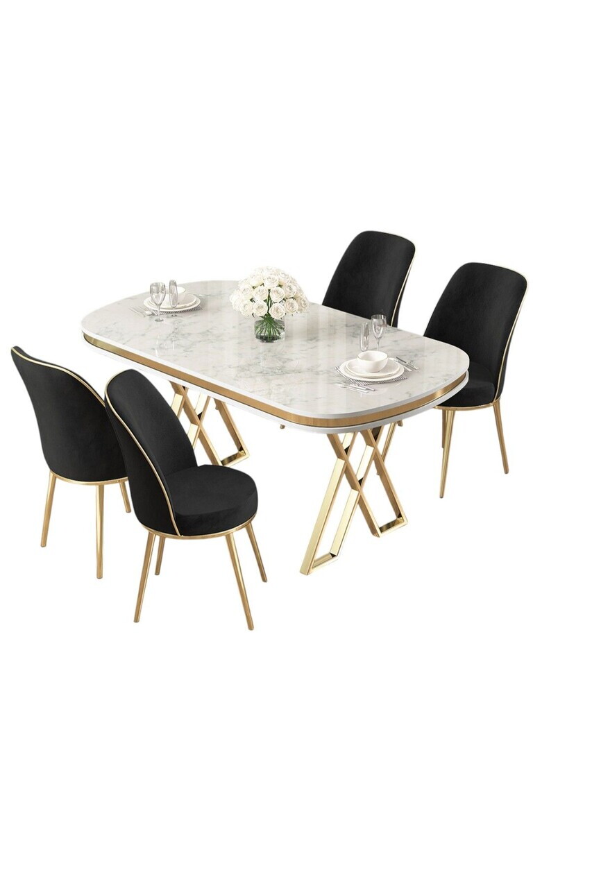 Set masa si scaune (5 piese), Hanah Home, Lai, Model de marmură albă / Auriu / Negru — imaginea 2