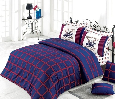 Lenjerie de pat dubla Red&Blue, Beverly Hills Polo Club, 4 piese, 240 x 260 cm, 100% bumbac ranforce, albastru/rosu/alb