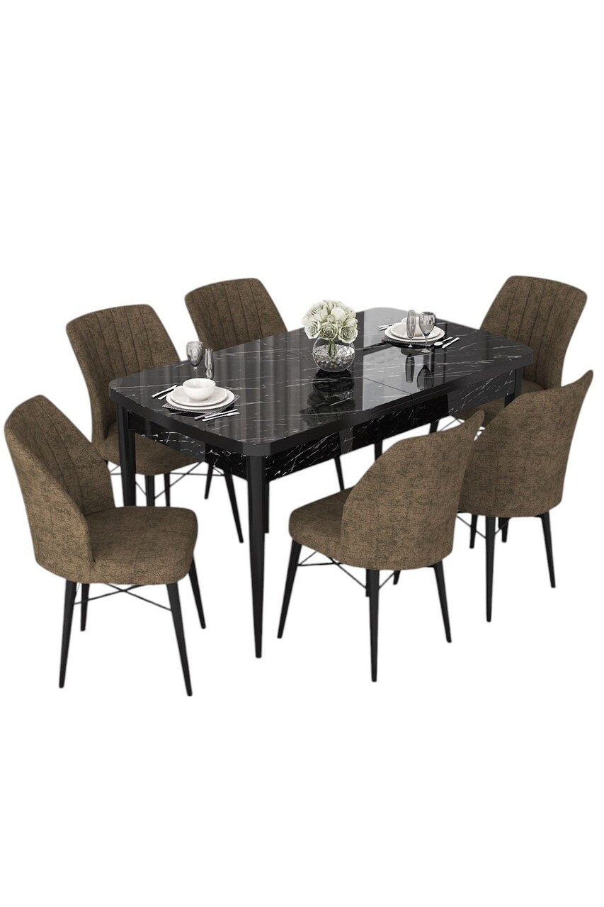 Set masă și scaune extensibile (7 Pieces), Hanah Home, Nef, Marmură neagră / Maro - view 2