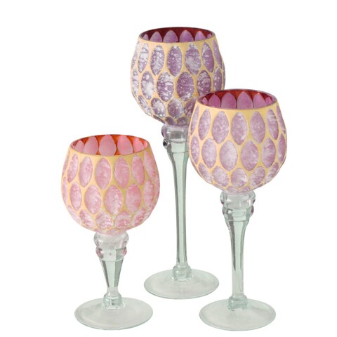 Set 3 suporturi pentru lumanari minou, boltze, 20-30 cm, sticla, roz inchis