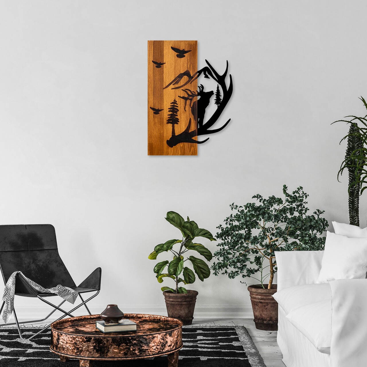 Decoratiune de perete, Deer and Mountain, Lățime: 43 cm Înălțime: 58 cm Adâncime: 3 cm, Nuc / Negru - view 4