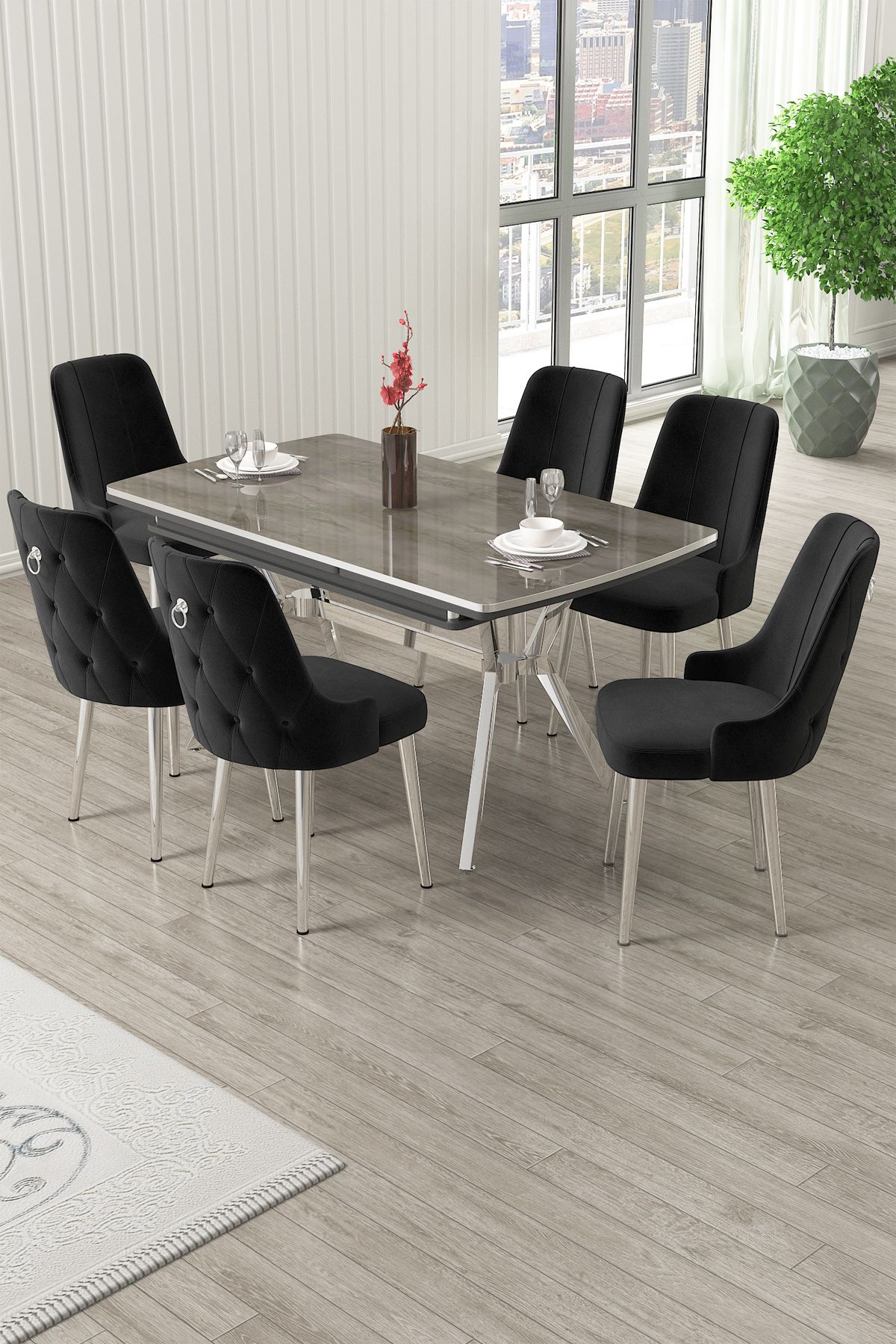 Set masa extensibila si scaune (7 piese), Hanah Home, Nis, Antracit / Crom / Negru