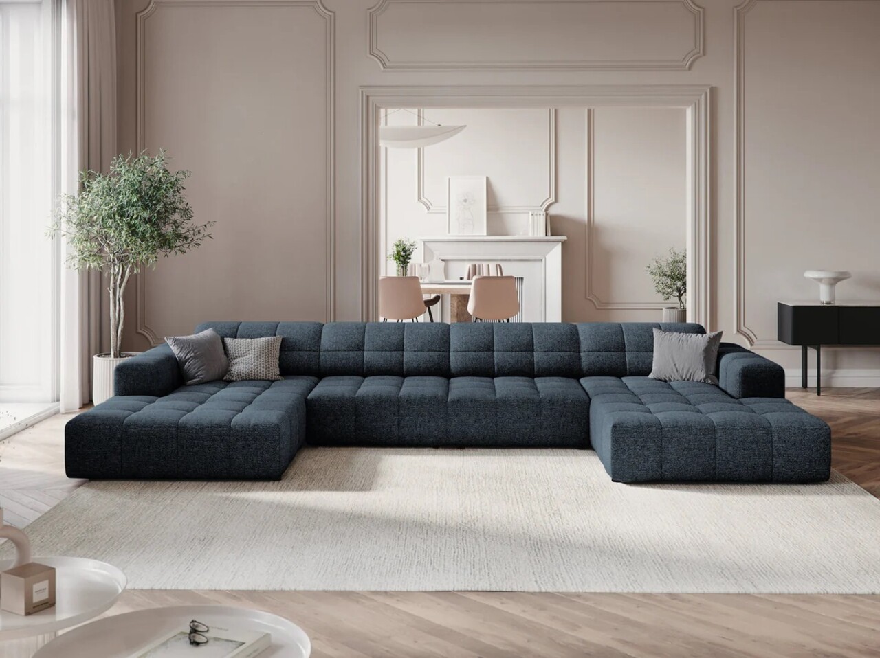 Canapea panoramica 6 locuri, Jennifer-140, Micadoni Home, 364x166x70 cm, tesatura chenille din poliester, albastru regal - 1 | YEO