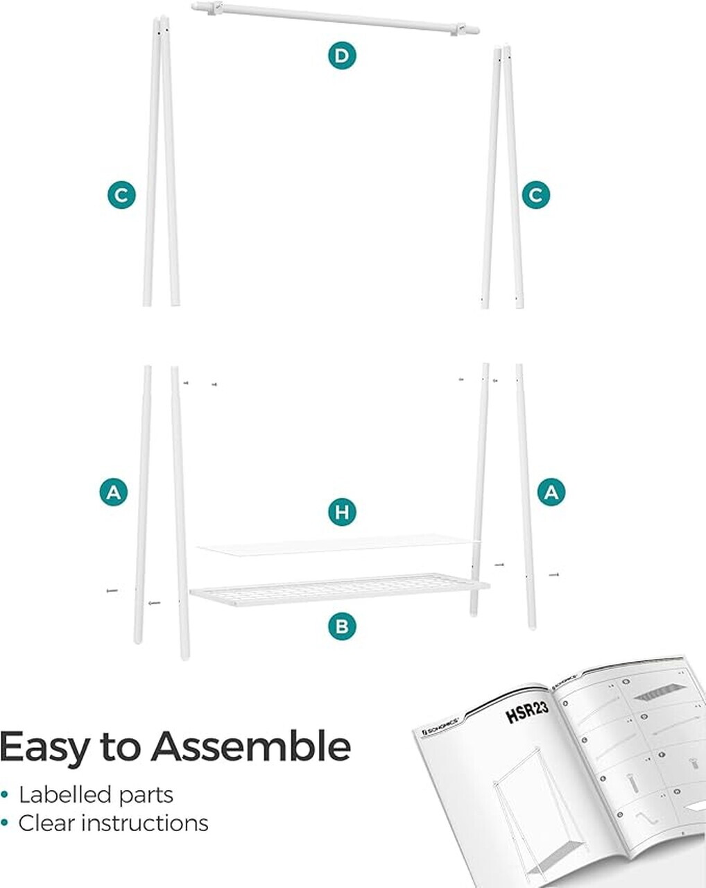 Suport pentru umerase cu raft, Songmics, 92.5x33.5x153 cm, otel, alb - view 5