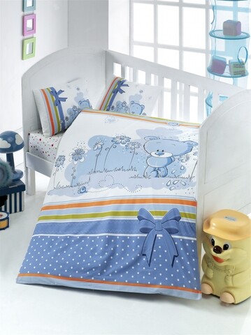 Lenjerie de pat pentru copii, Victoria, Bear, 4 piese, 100% bumbac ranforce, albastru/alb mezoni.ro