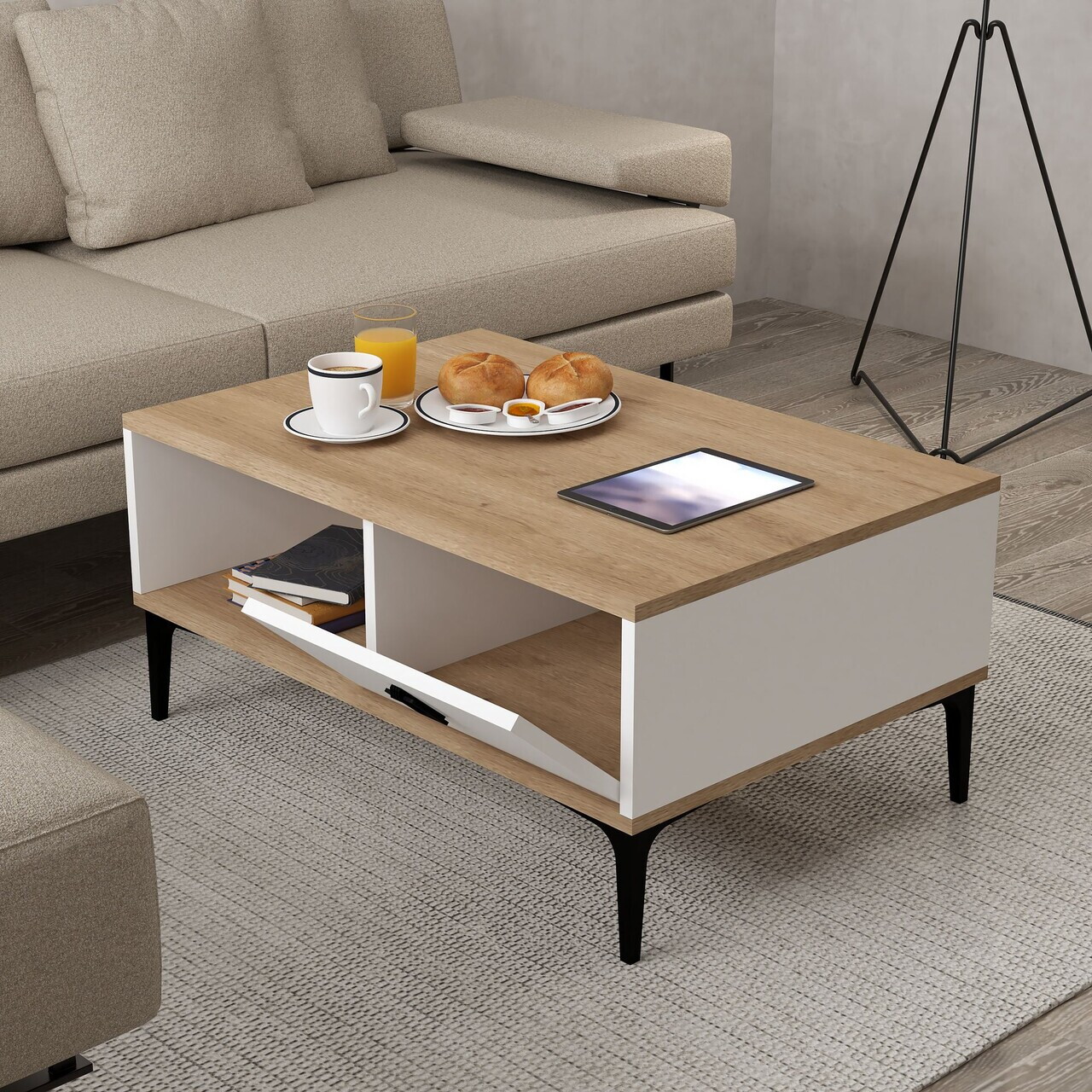 Masuta de cafea, Hanah Home, Sare 2002, 90x41.5x60 cm, PAL, Stejar Safir / Alb — imaginea 2