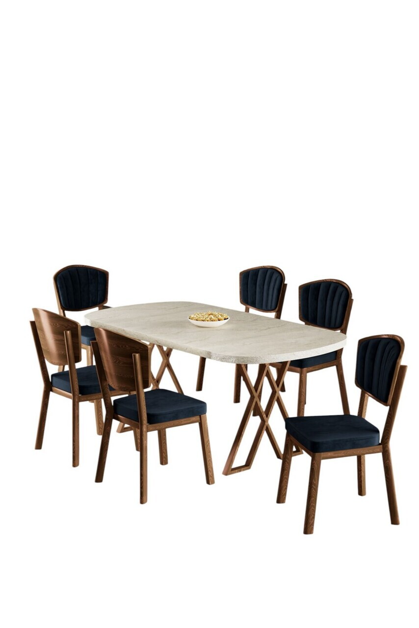 Set masa si scaune (7 piese), Hanah Home, Flori, Travertin / Aspect de lemn / Antracit — imaginea 2
