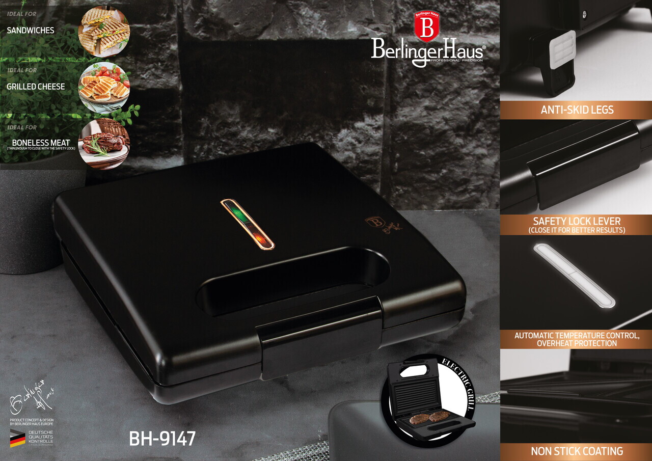 Gratar electric Berlinger Haus, Black Rose, 650W-780W, 22.5x13 cm, aluminiu, negru - imagine 11