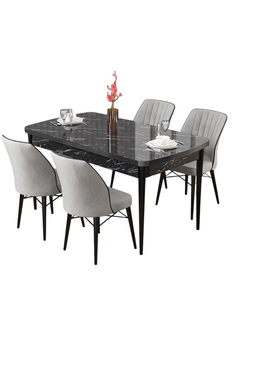 Set masa si scaune (5 piese), Hanah Home, Radde, Model de marmură neagră / Gri — imaginea 2