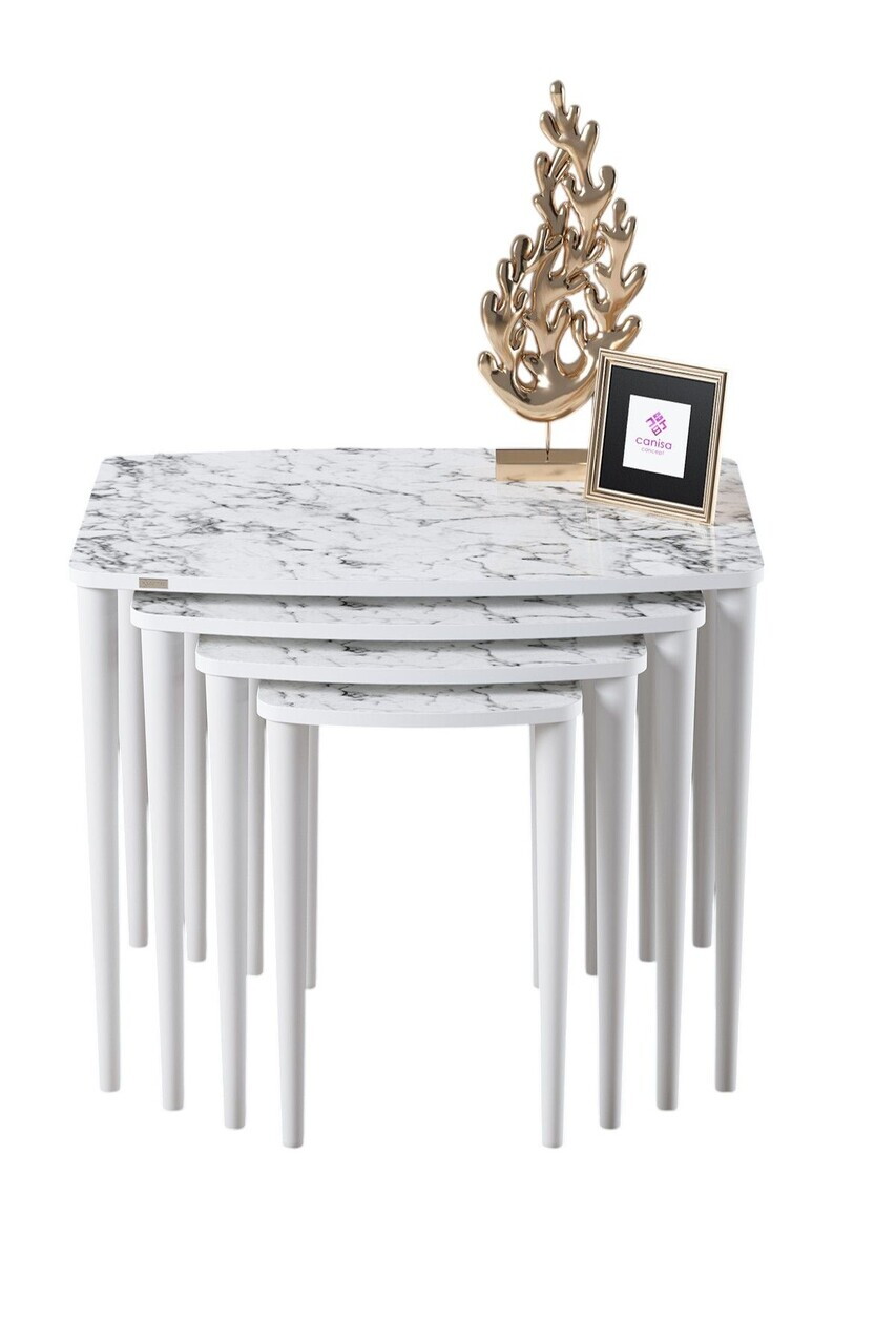 Set masute Nesting 4 piese, Hanah Home, Telwe, Model de marmură albă / Alb — imaginea 2