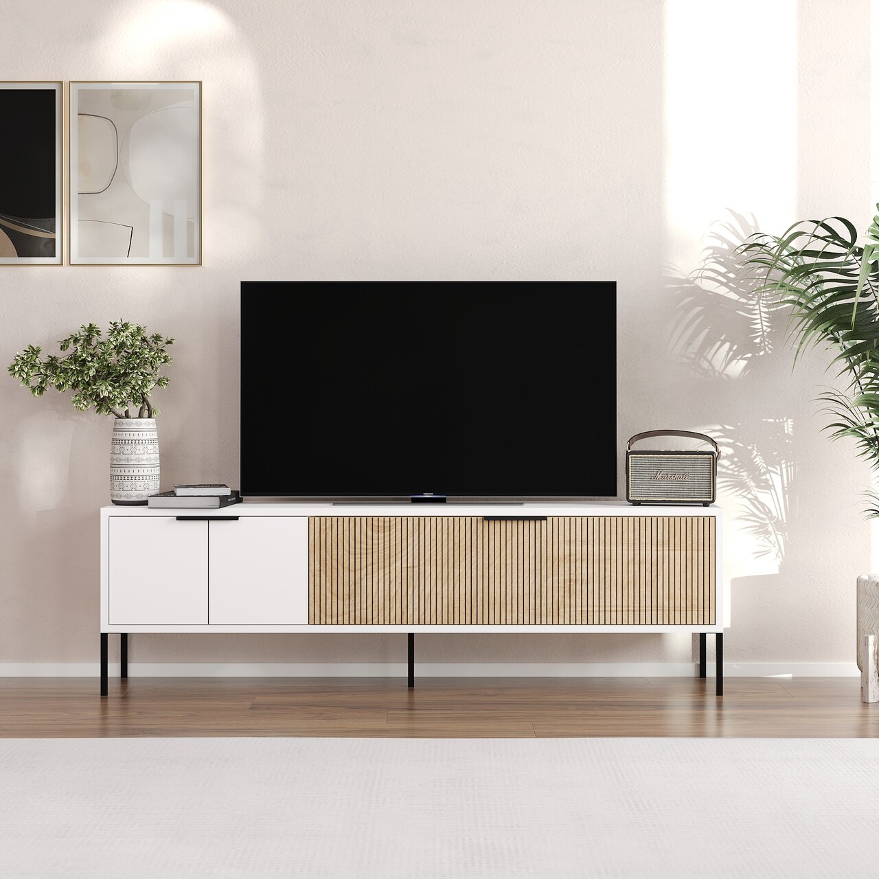 Comoda TV, Odessa, Noah, 150x45x30 cm, Alb / Ratan