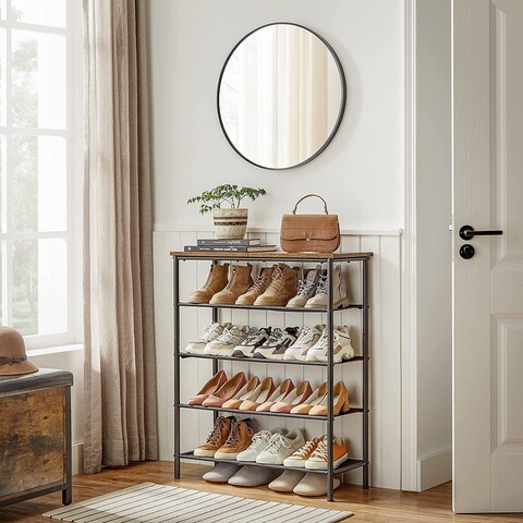 Pantofar cu 5 rafturi, Vasagle, 75x30x91 cm, PAL/otel/poliester, maro