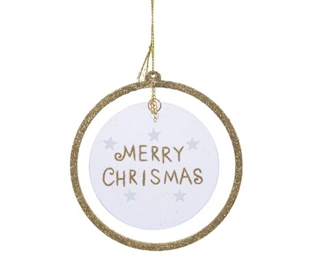 Glob plat Merry Christmas in glitter frame, Decoris, 10x10.5 cm, sticla, auriu