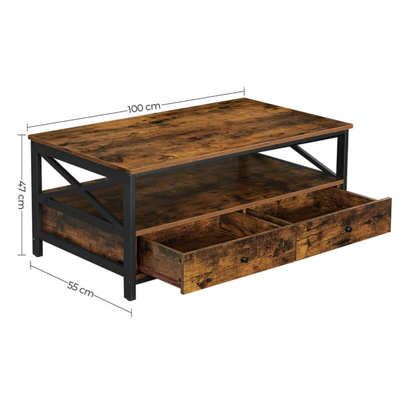 Masuta de cafea cu sertare, Vasagle, 100 x 55 x 47 cm, fier/PAL, maro rustic