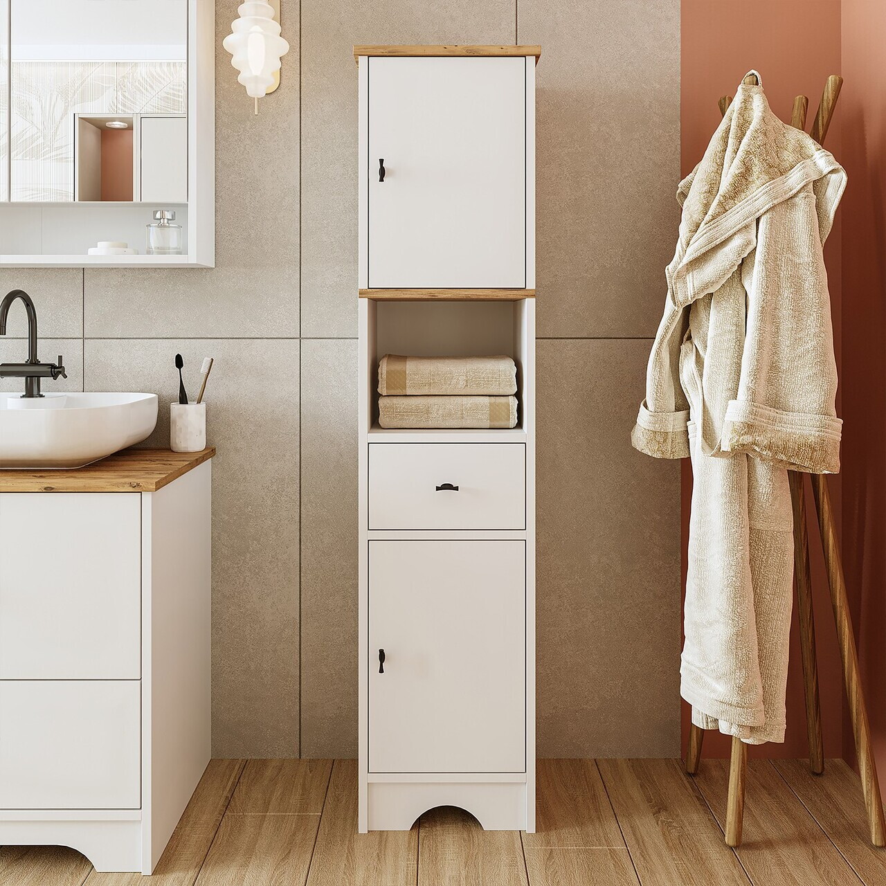 Dulap de baie, Hanah Home, 2388, 37x155.6x31 cm, MDF-LAM, Alb mat — imaginea 2