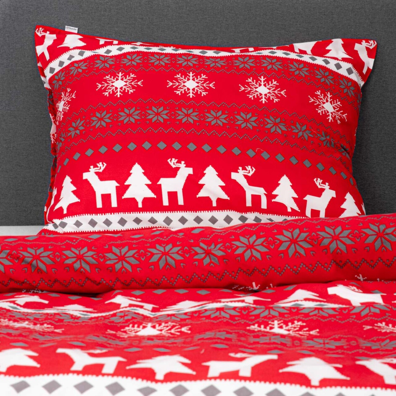 Lenjerie de pat King Size, Renna, Homla, 200x220 cm, microfibra din poliester, rosu/alb