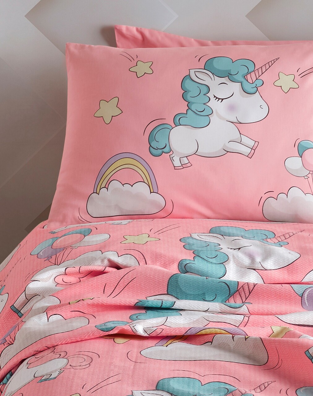 Set cuvertura pique Single, Unicornio - Pink, EnLora Home, Bumbac