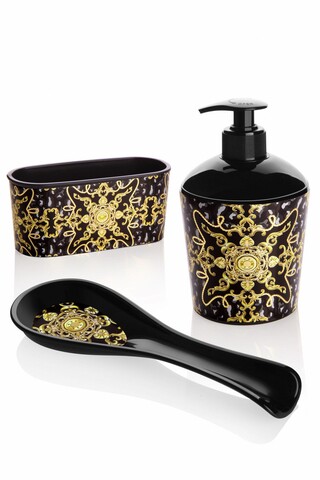 Dozator sapun si suport pentru burete si lingura C-DD05 - Versace, Rowe, acril, negru/auriu