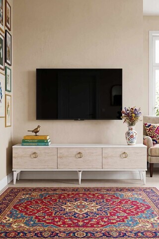 Comoda TV, Hanah Home, Demet, 180x53x30 cm, Alb / Travertin