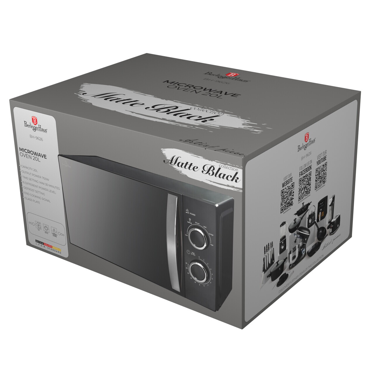 Cuptor cu microunde Berlinger Haus, Matte Black, 1200W, 20L, 45.2x26.2x33.5 cm, negru — imaginea 7