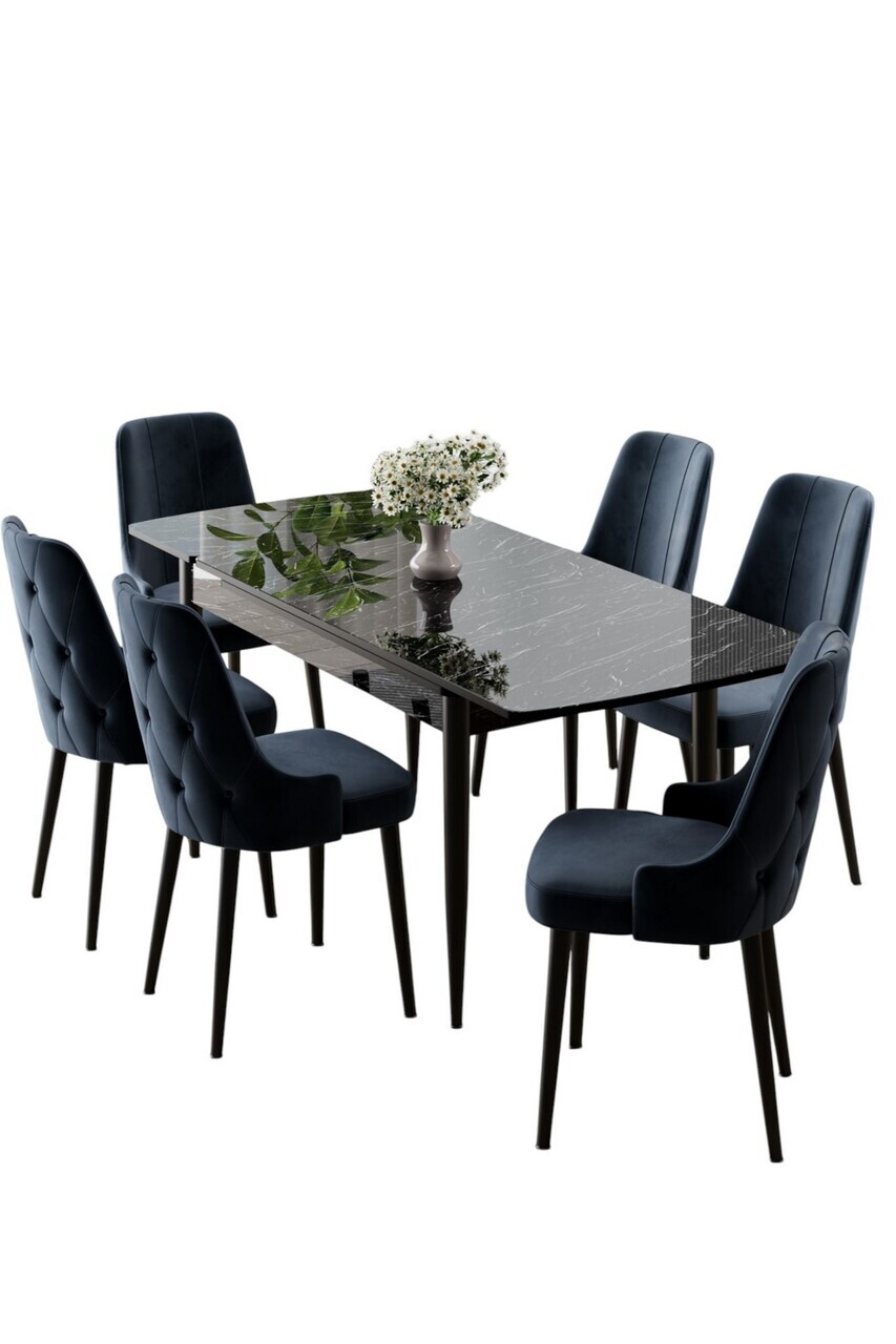 Set masa extensibila si scaune (7 piese), Hanah Home, Nola, Model de marmură neagră / Antracit — imaginea 2