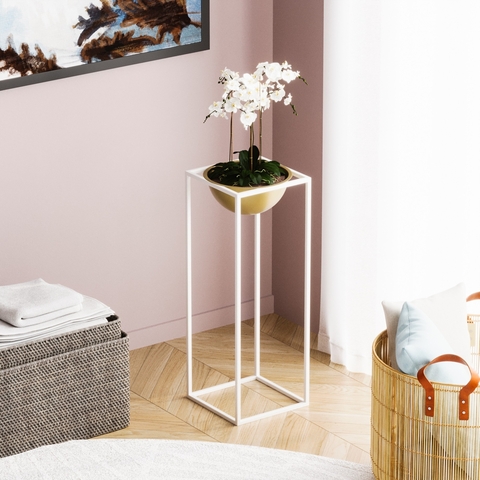 Ghiveci, GED-021-C, 22x60x22 cm, Metal, Alb/Auriu