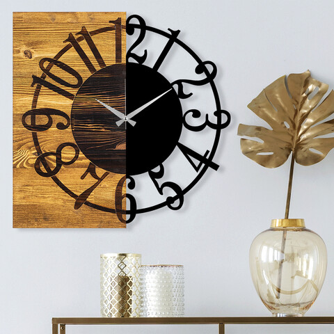 Ceas de perete, Wooden Clock 1, Lemn/metal, Dimensiune: 58 x 3 x 58 cm, Nuc / Negru mezoni.ro