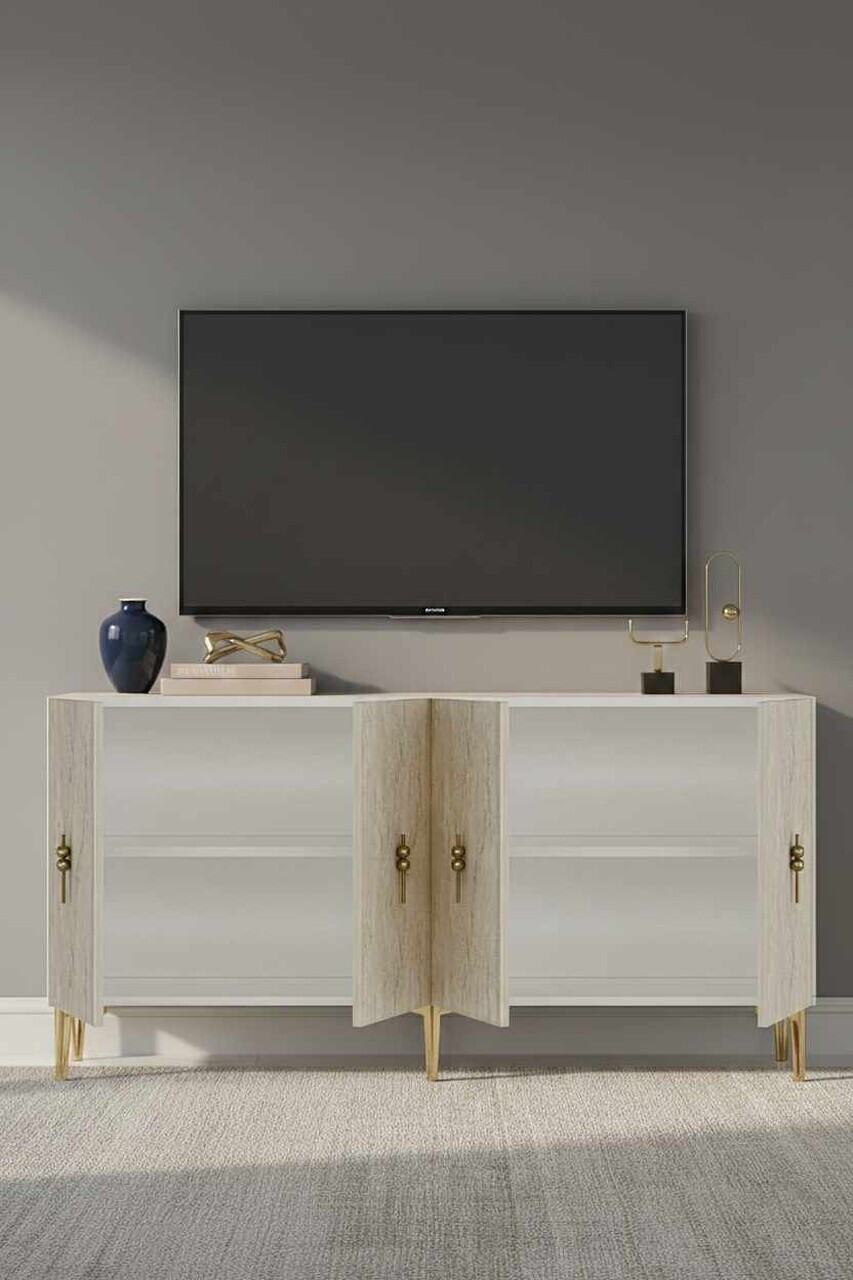 Consola, Hanah Home, Ayshe 150, 150x75x32 cm, White / Travertine / Gold — imaginea 3