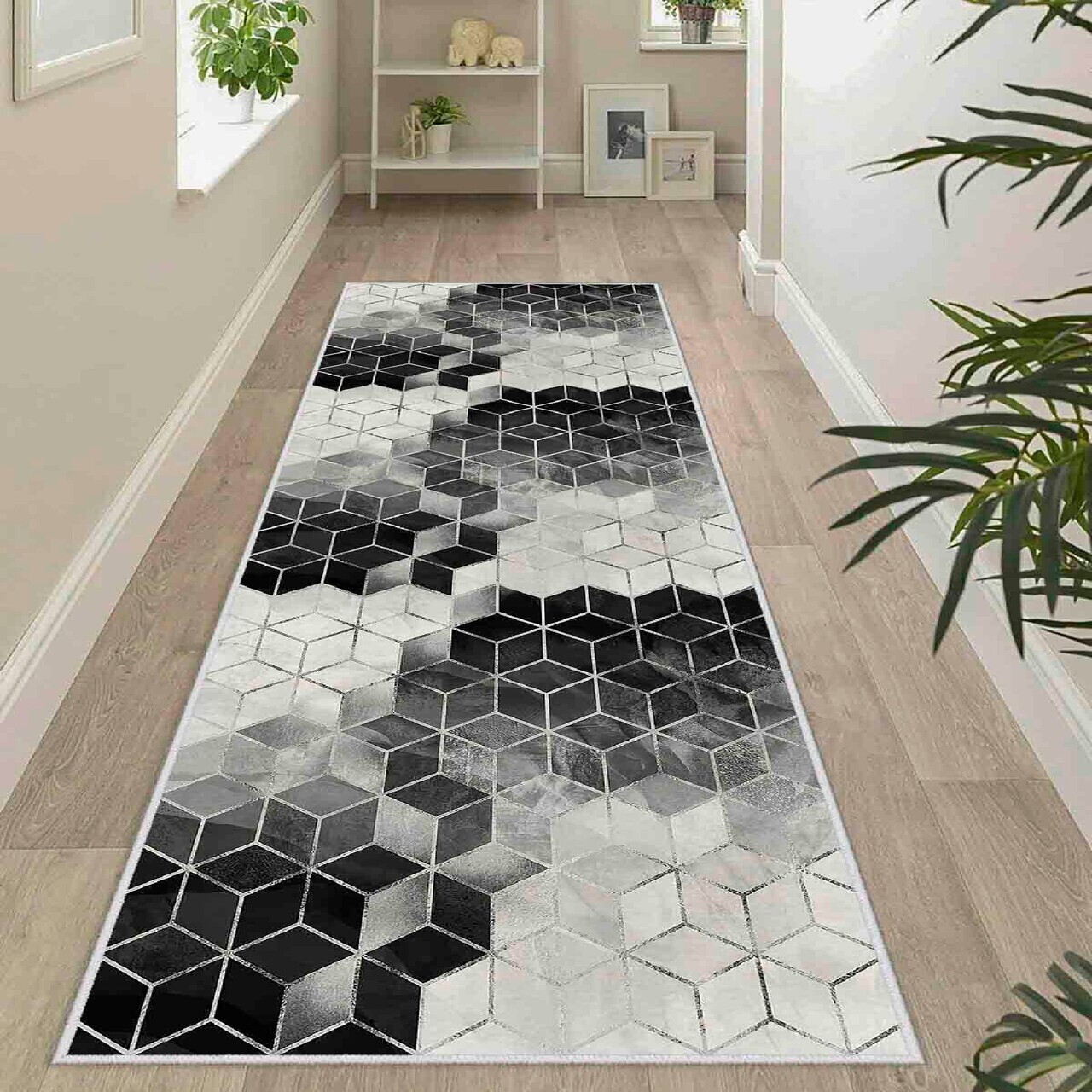 Covor Wooylk0076 80x200 cm Poliester Alb / Gri / Negru