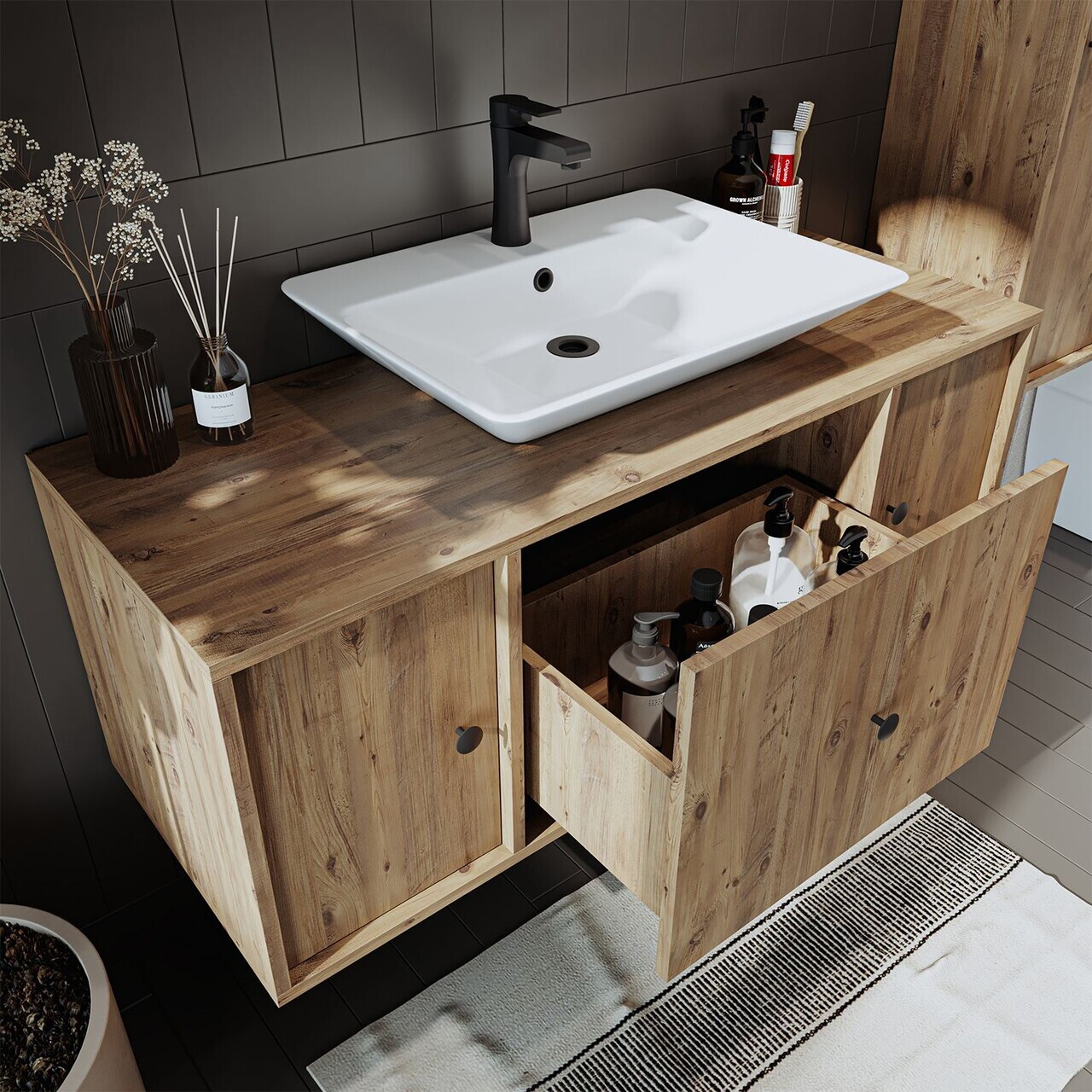 Dulap de baie cu chiuvetă, Hanah Home, 2543, MDF, Maro — imaginea 5