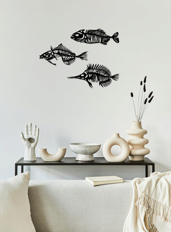 Decoratiune de perete, Fishes 3, Metal, 35 x 20 cm, 3 piese, Negru Ledena