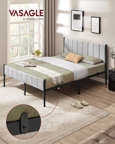 Pat dublu cu tablie tapitata, Vasagle, 160x200 cm, max 500 kg, otel/poliester, gri