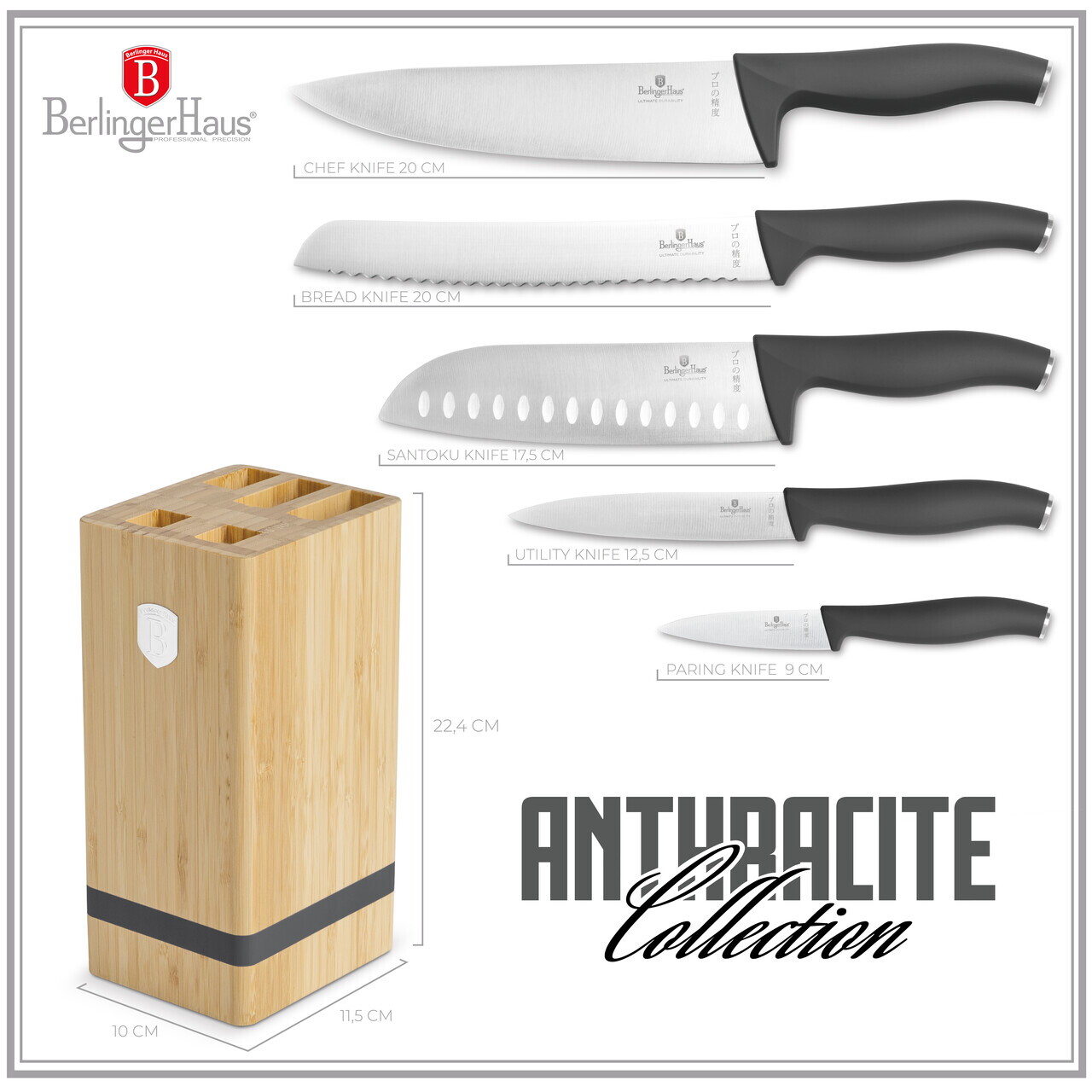 Set 5 cutite cu suport patrat Berlinger Haus, Anthracite, inox/bambus, antracit mat/natur - imagine 18