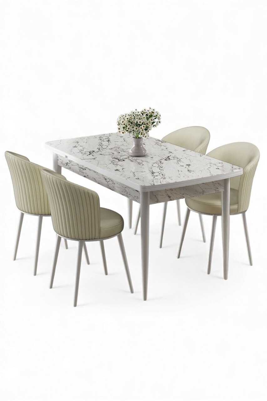 Set masă și scaune extensibile (5 Pieces), Hanah Home, Asfel, Marmură albă / Crem - view 2