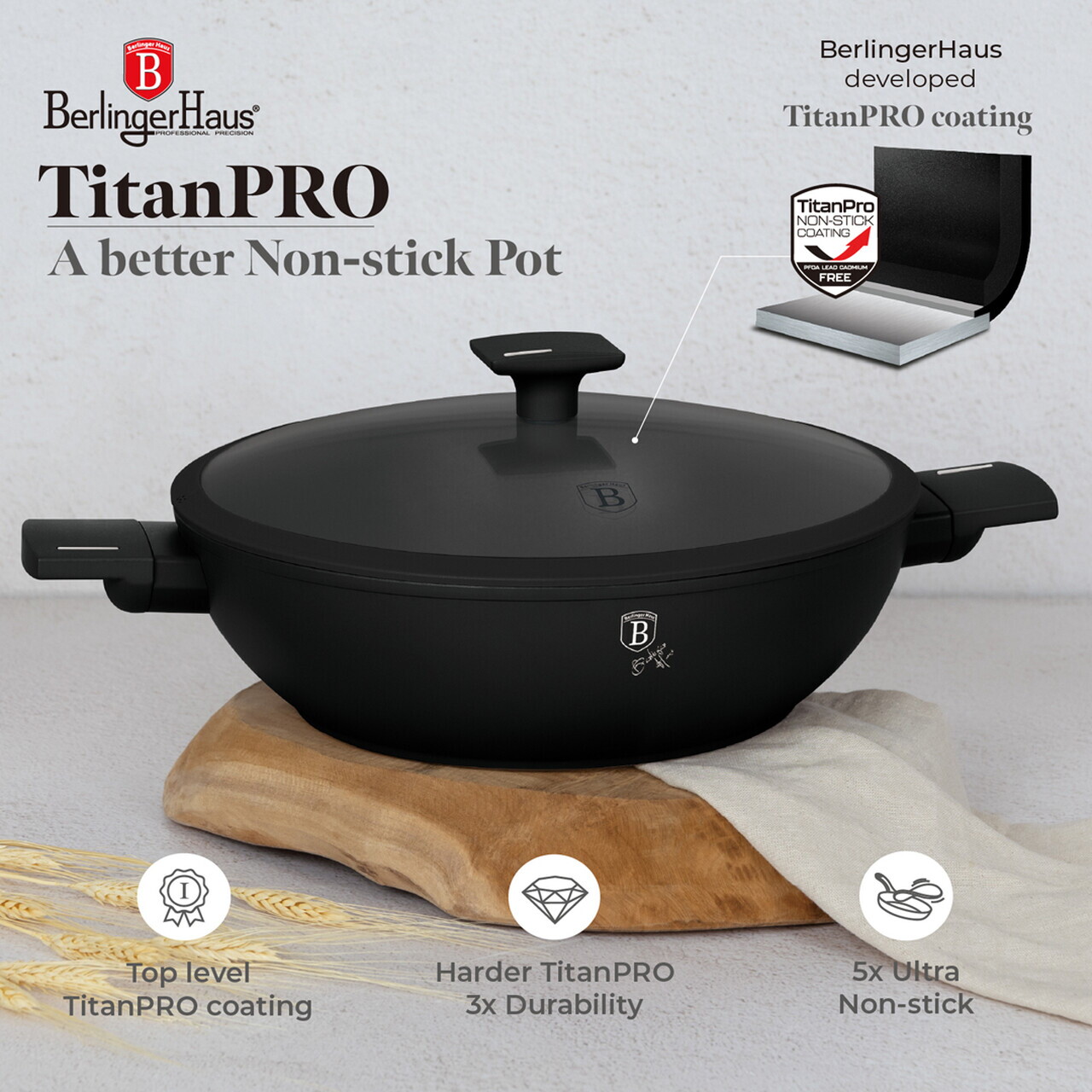 Tigaie Wok cu capac Berlinger Haus, Matte Black, 30 cm, aluminiu forjat, negru - imagine 10