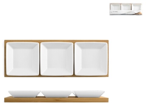 Set 3 boluri pentru aperitiv si suport Bamboo, H&H, 28 x 10 cm, bambus/portelan